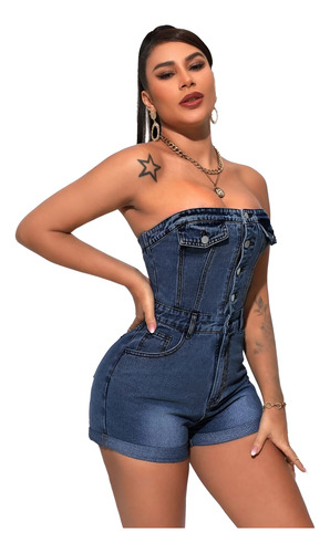 Sexy Enterizo Jumper Short Mezclilla Mono Moda Dama Azul Marino U