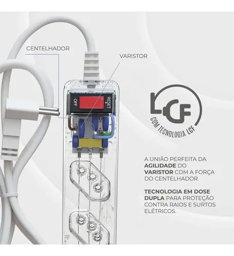 iCLAMPER Energia 5 Tomadas LCF Transparente Filtro de Linha e Protetor Elétrico DPS Bivolt