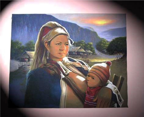 Madre Hijo Cuadro Oleo En Tela Noi Sanit Artista Tailandés