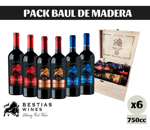 Pack 6x Vinos Bestias Collection Baul Madera