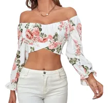 Comprar Blusa Floreada Corta Manga Larga, Talla L, Shein.