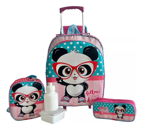 Kit Mochila Infantil Ursinho Panda Pandinha Rodinhas G F5