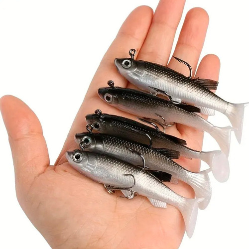 5 Señuelos De Pesca Wobbler Swimbait Silicona Para Mar Y Rio Blanco/gris
