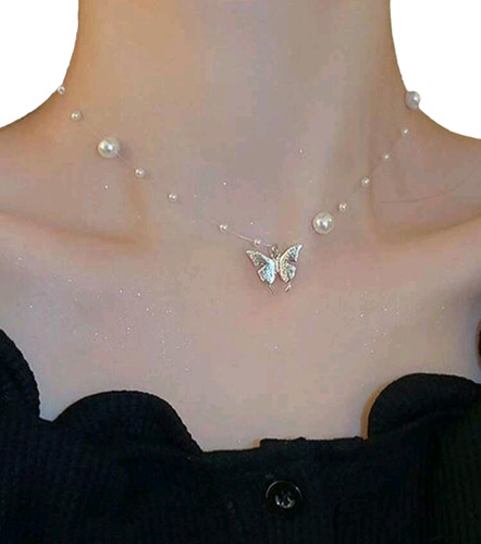 Collar Con Diseño De Perla Artificial Colgante De Mariposa