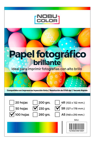 Papel Foto Glossy 5r 130 X 180 Mm. 230 Gr. 100 Hojas