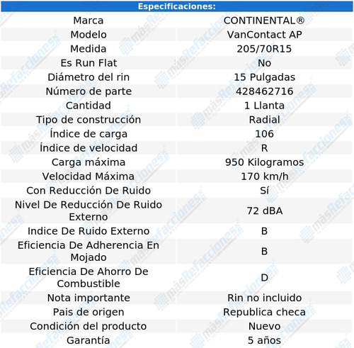 Llanta Continental Vancontact Ap C 205/70r15 106/104 R