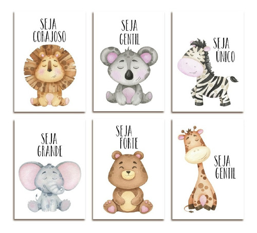 Kit 6 Placas Quadros Infantil Decorativos P/ Quarto Safari