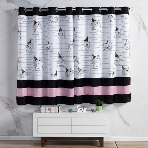 Cortina De Quarto Infantil Gatinhos Preto/rosa 2,00m X 1,50m