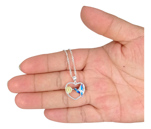 Collar De Plata Corazón Colibrí Zircón Y Margarita