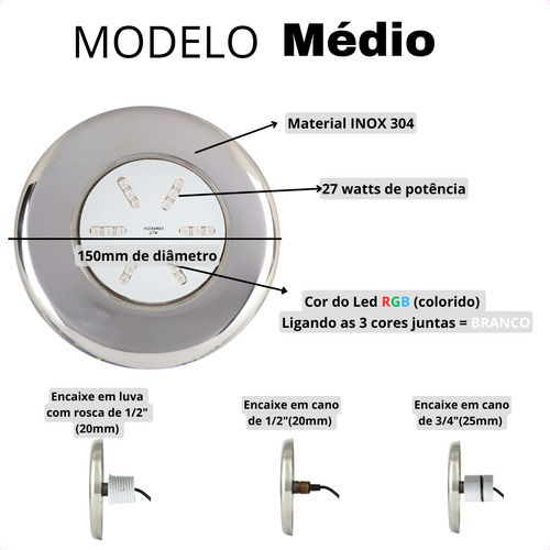 Kit 2 Leds 27w Rgb Inox M 15cm E Comando Iluminação Piscina