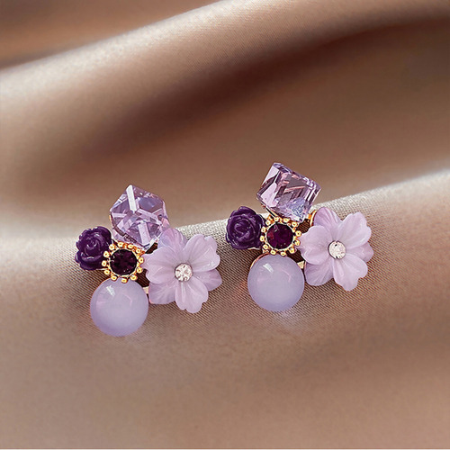 Pendientes De Flores Vintage De Cristal Morado Con Aguja De