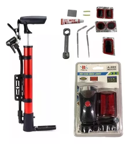 Inflador Bicicleta + Kit Reparacion Parches + Set Luces Led