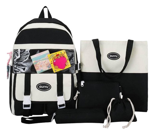 Mochila Kawaii Set 5 Piezas Cute Importado Negro Lisa