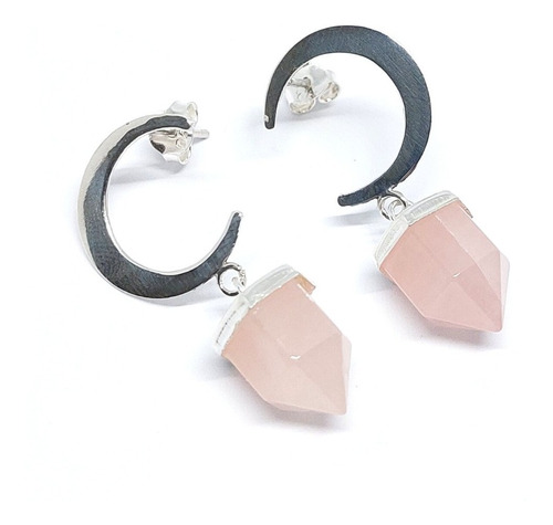 Aros Pendientes Luna Colgante Cuarzo Rosa Plata Fina 925