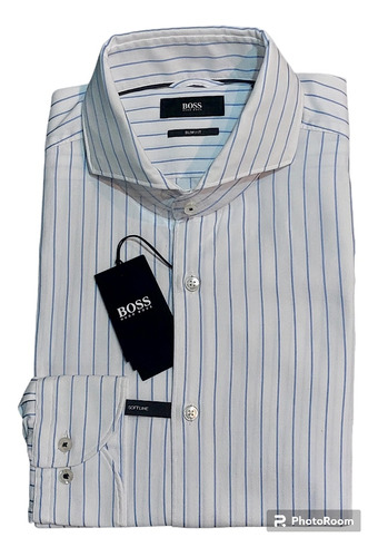 Camisa Hugo Boss Blanca A Rayas Azul Cuello Cutaway Slim Fit