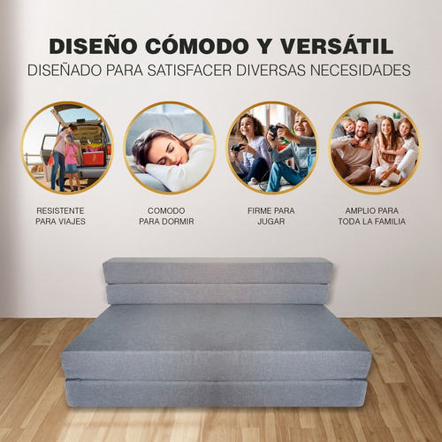 Sofá Cama Matrimonial Plegable, Colchoneta Con Soporte Firmé Color Gris claro