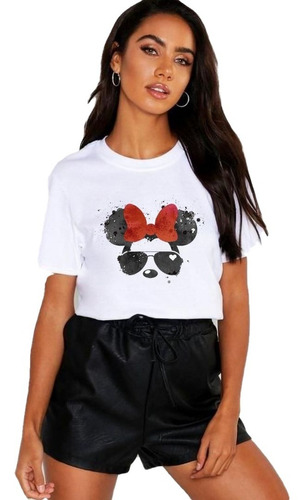 Polera Dama Estampada 100%algodon Diseño Minnie Con Lentes