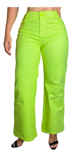 Calça Jeans Sarja Wide Leg Color Preta Rosa Verde Pantalona