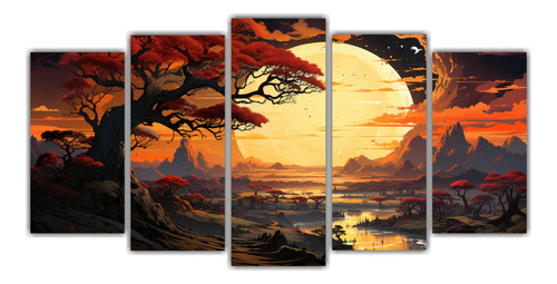 150x75cm Set 5 Cuadros Obra Maestra Árbol De Sabana Y Desie