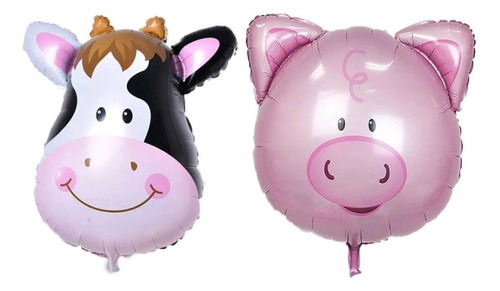 10 Balão Vaca + 10 Porquinho Metalizado 32cm Festa Fazenda Cor Rosa/branco Cabeça Vaca E Porquinho