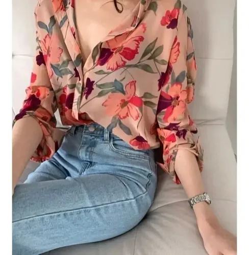 Blusa Floral De Chifón Para Mujer, Camisa De Manga Larga