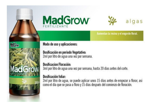 Imagen 2 de 5 de Fertilizante Mad Grow Algas 500cc Cultivo Indoor Exterior