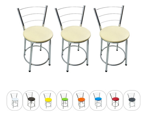 Kit 3 Banquetas Baixa Cromada 49cm Redonda Bancada Bistrô Acabamento Da Estrutura Cromado Cor Bege