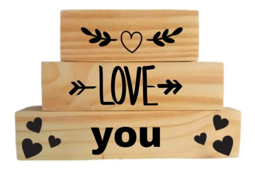 Imagem 1 de 3 de Kit 3 Peças Em Madeira Pinus Namorados Presente Love You