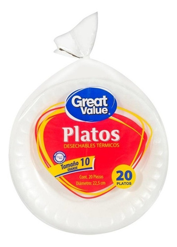 Platos Desechables Great Value Grandes No.10 Térmicos 20pz