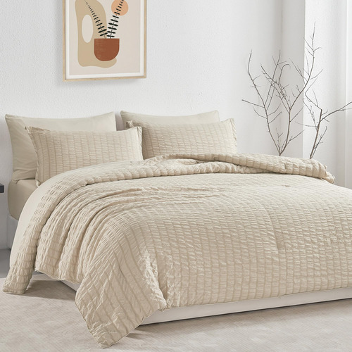 Juego De Edredón Seersucker Matrimonial Gris Crema 7 Piezas