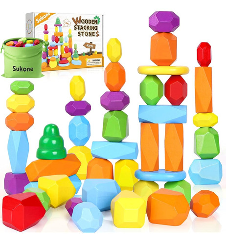 42pcs Wooden Stacking Rocks Toddler Toys, Montessori Toys Fo