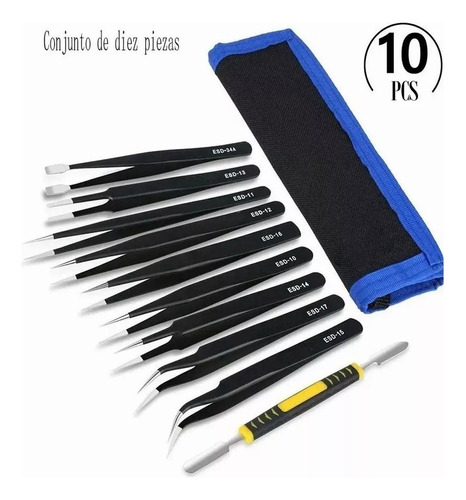 Kit Pinzas Antiestáticas De Precisión Acero Inoxidable 10pcs