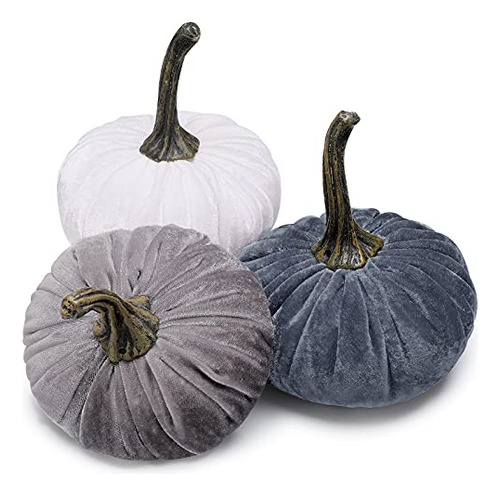 3 Pieces Thanksgiving Velvet Pumpkins With Stems Fall H...