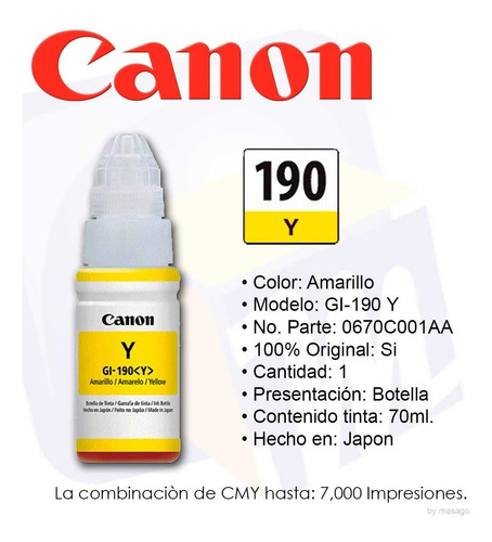 Imagen 6 de 7 de Combo 4 Botella Tinta Canon Gi 190 Negro Cian Magenta Amaril