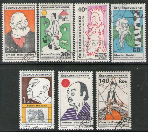 Checoslovaquia 7 Sellos Caricaturas Picasso, Chaplin 1968 