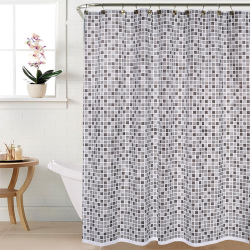 Combo De Baño Con Cortina De Ducha Protector Barral Ganchos Venecita Negro