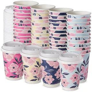 48 Floral Disposable Coffee Cups With Lids 12 Oz Double...