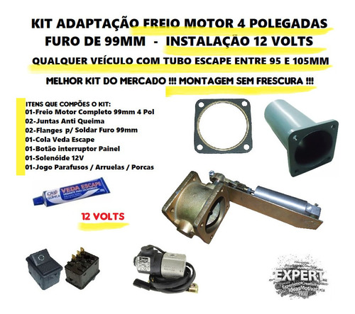 Kit 12v Adaptação Freio Motor 4 Pol 99mm Solenóide E Botão