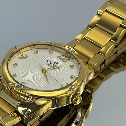 Relógio De Pulso Analogico Champion Dourado +bolsa Colorida Fundo Branco