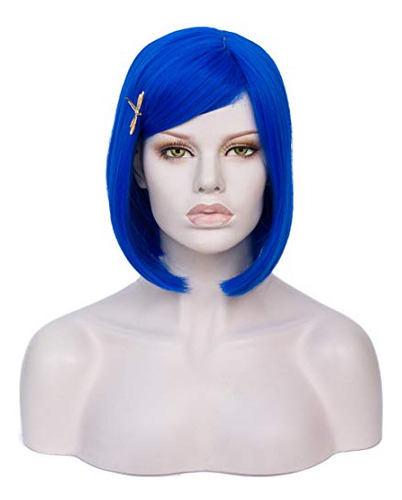 Morticia Corto Azul Mujer Bob Full Bang Niños Peluca Qnlmd