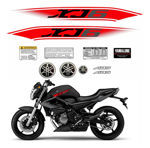 Kit Adesivos Faixas + Emblemas Para Yamaha Xj6 2011 12 13517 Cor Vermelho