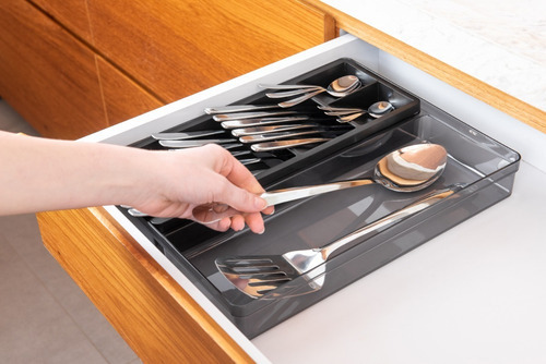 Organizador de cajones transparente para cubiertos con soporte para utensilios, color negro