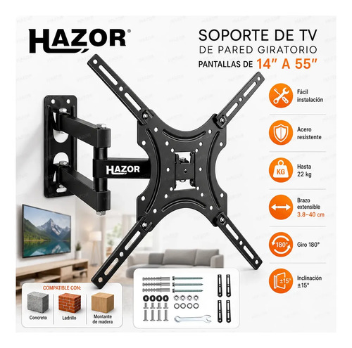 Hazor 14-55 Pulgadas Base Soportes De Pantalla Pared Tv Soporta Hasta 22kg Compatible Con Cualquier Modelo, Inclinable, Ajustable, Se Adapta A Cualquier Pared Television Color Negro