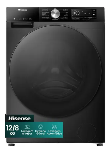Lava e Seca Hisense 3S Preta Noir 12kg / 8kg Inverter 16 programas 110V com Wi-Fi WD3S1243BB1