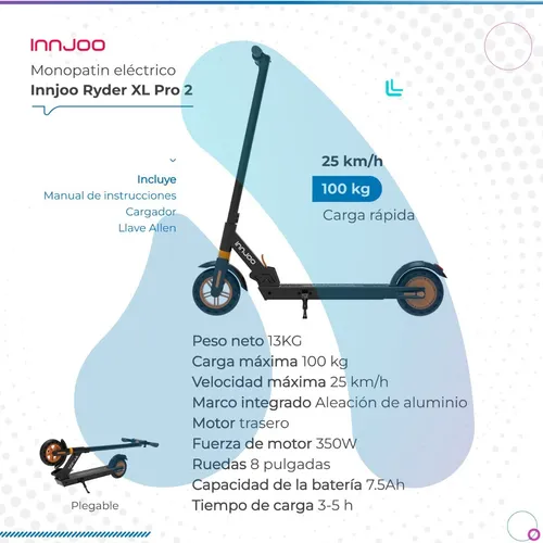 Monopatin El ctrico Innjoo Ryder Xl Pro 2 Ruedas 8 Negro
