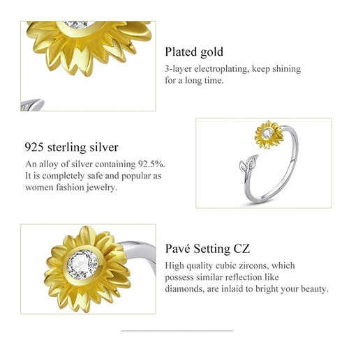 Anillo Girasol Ajustable Para Mujer Fabricado En Plata 925