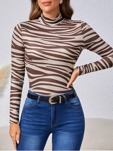 Blusa De Rayas De Cebra De Cuello Alto