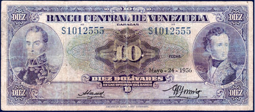 Billete 10 Bolívares S7 Mayo 24 1956 Bolívar Y Sucre