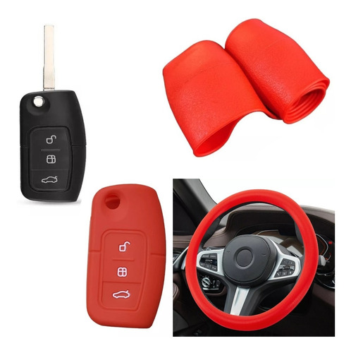 Cubre Volante + Funda Llave Silicona Ford Fiesta - Rojo