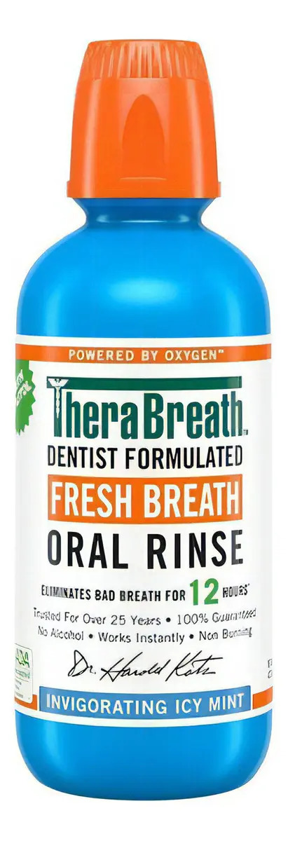 TheraBreath Enjuague Bucal Icy Mint 473 ml, Combate el Mal Aliento por 24 Horas, Sin Alcohol, Sin Ardor y Sin Colorantes Artificiales. Desarrollado por Dentistas, Cuidado Oral, Ali
